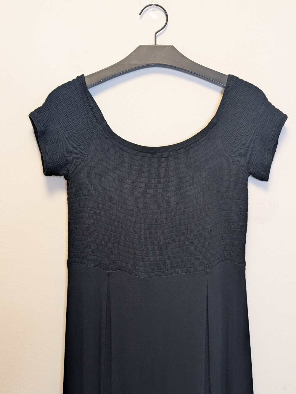 Express Black Maxi Dress Smocked Textured Bodice Dramatic Double Slit Stretchy M - Picture 3 of 13